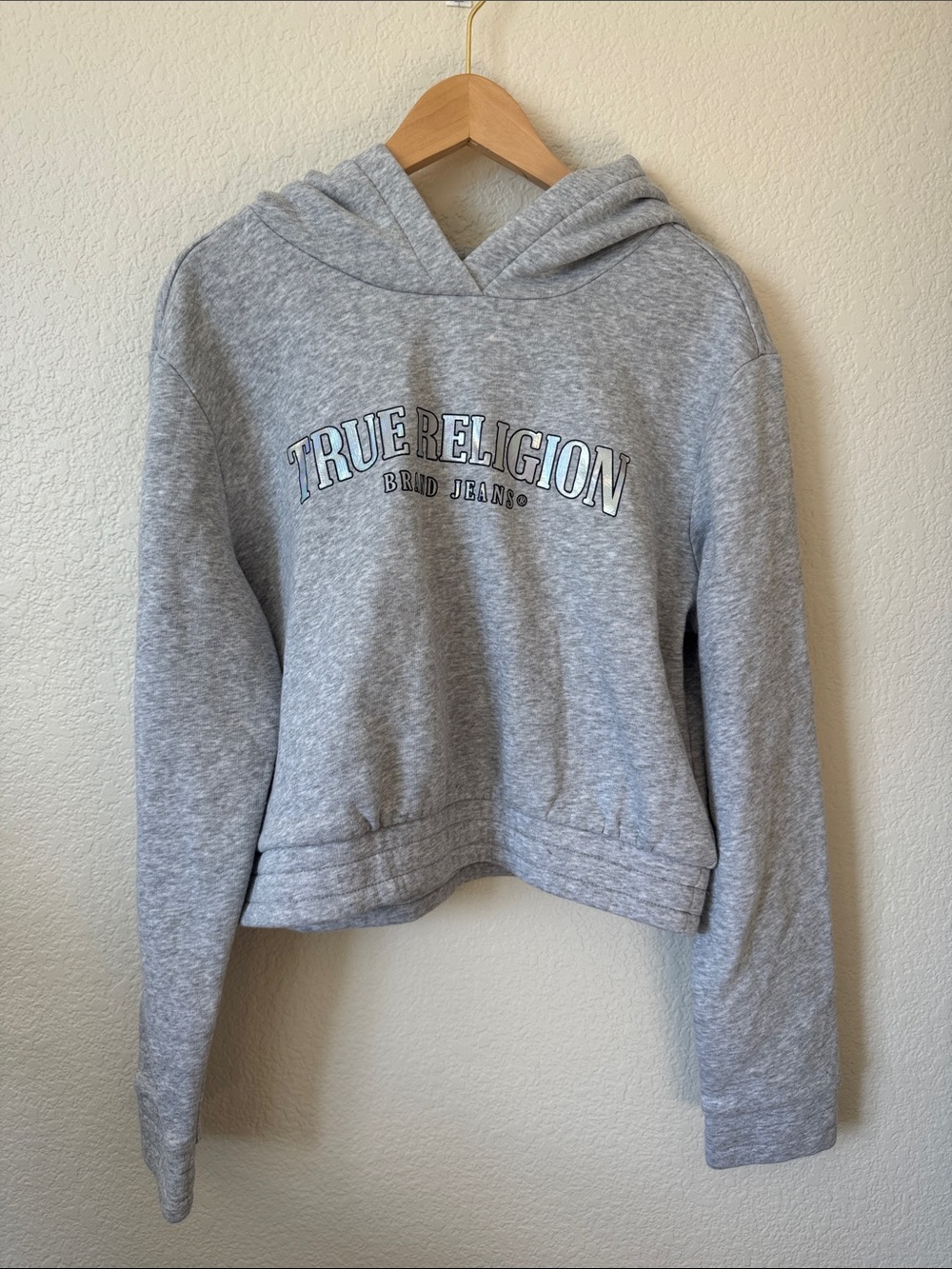 True Religion Light Gray Logo Cropped Hoodie